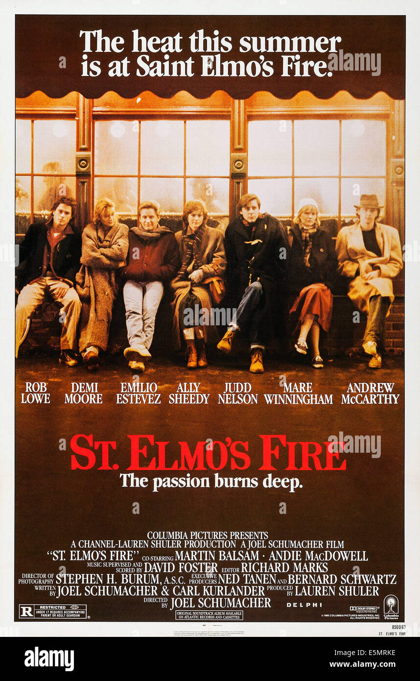 ST. ELMO'S FIRE, de nous poster, de gauche à droite : Rob Lowe, Demi Moore, Emilio Estevez, Ally Sheedy, Judd Nelson, Mare Winningham, Andrew Banque D'Images
