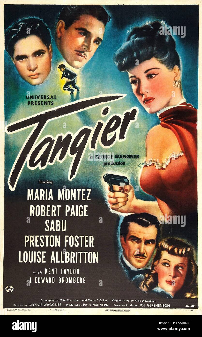 Tanger, entre nous, l'affiche de gauche en haut : Sabu, Robert Paige, Maria Montez, Preston Foster, Louise Allbritton, 1946 Banque D'Images