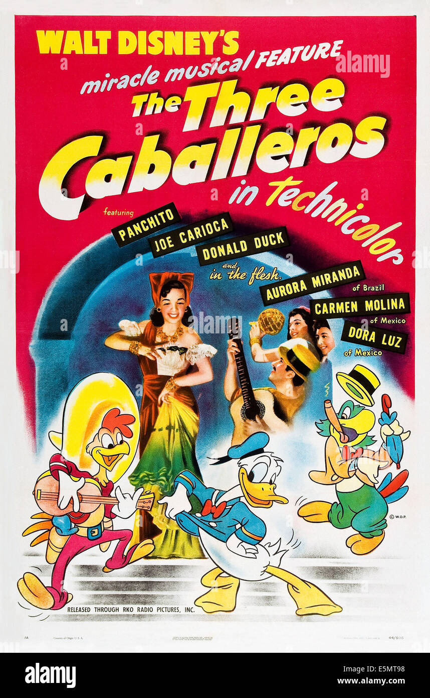 Les TROIS CABALLEROS, San Martin, Aurora Miranda, Donald Duck, José Carioca sur l'affiche, 1944, ©Walt Disney Pictures/avec la permission Banque D'Images