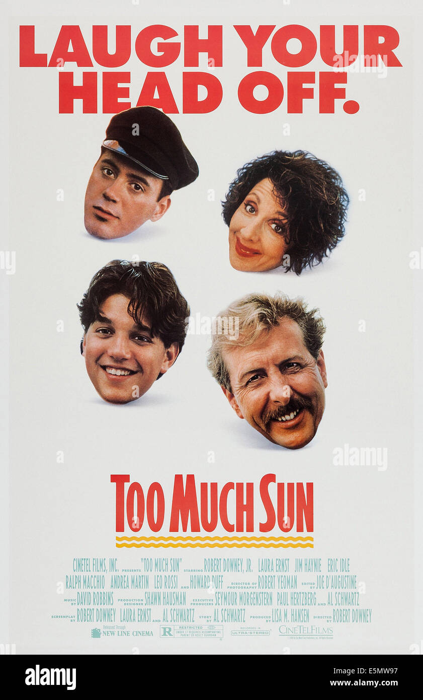 Trop de soleil, de nous poster art, dans le sens horaire à partir du haut à gauche : Robert Downey Jr., Andrea Martin, Eric Idle, Ralph Macchio, 1991, © New Banque D'Images