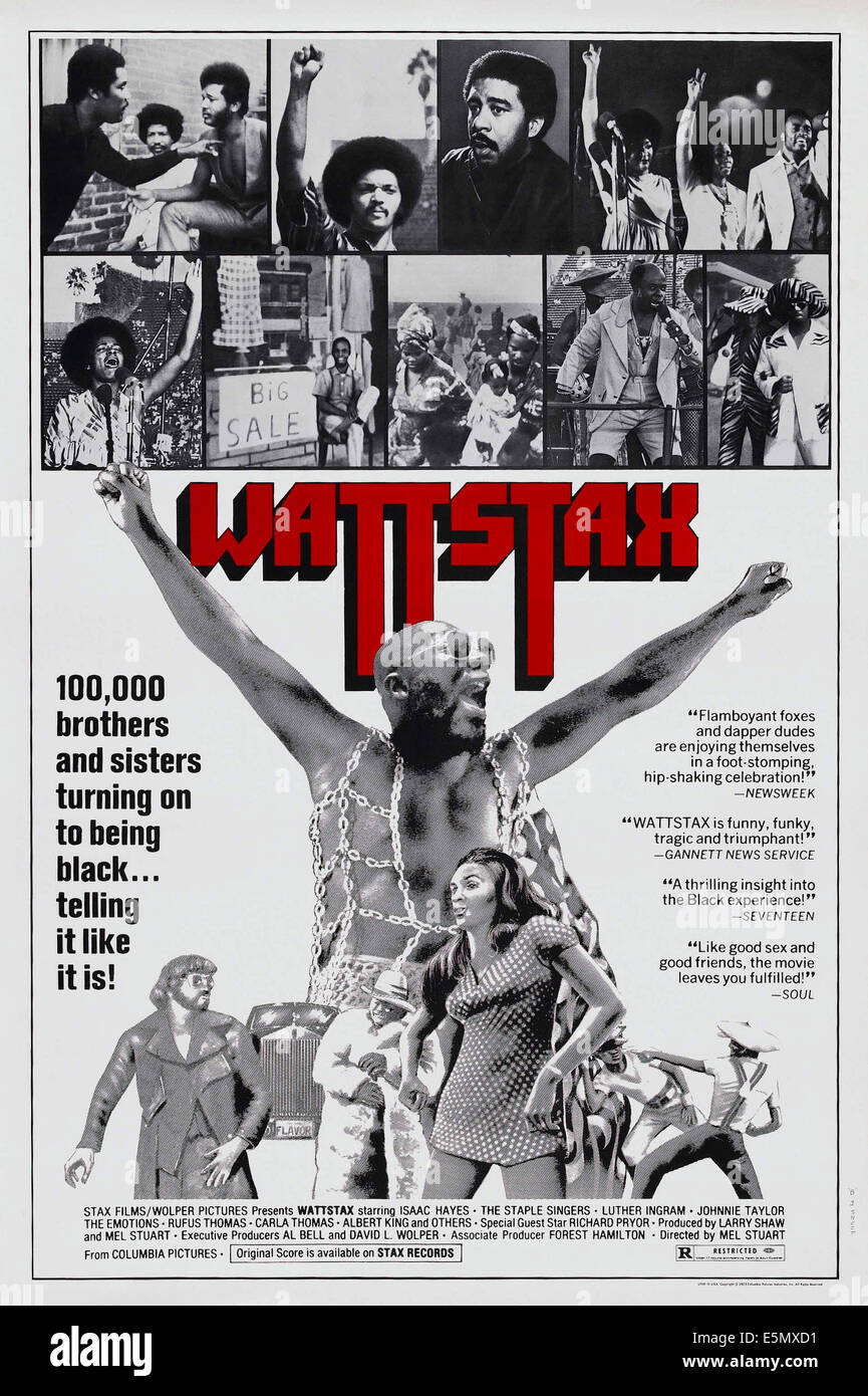 WATTSTAX, US poster art, haut : deuxième à gauche : Jesse Jackson ; haut, deuxième à droite : Richard Pryor ; en bas, centre : Isaac Hayes, 1973 Banque D'Images