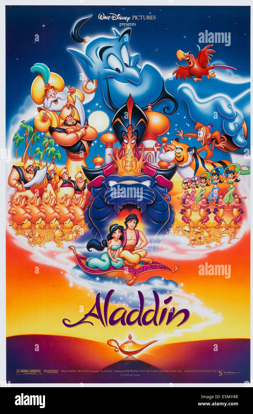 ALADDIN, haut de gauche : Sultan, Genie, Jafar, Raja, Abu, Iago, bas de gauche : la princesse Jasmine, Aladdin, 1992, ©Walt Disney Banque D'Images
