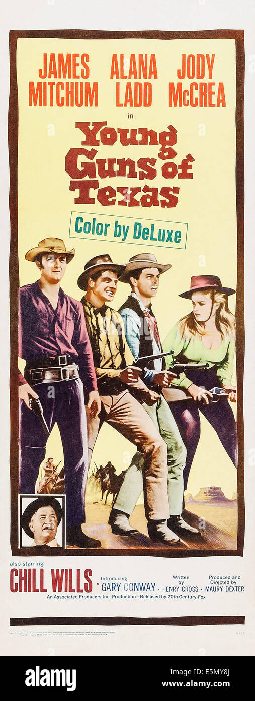 Les CHAMPIONS DU TEXAS, haut l-r : James Mitchum, Jody McCrea, extrême droite : Alana Ladd, bas : Chill Wills sur l'affiche, 1962, MC Banque D'Images