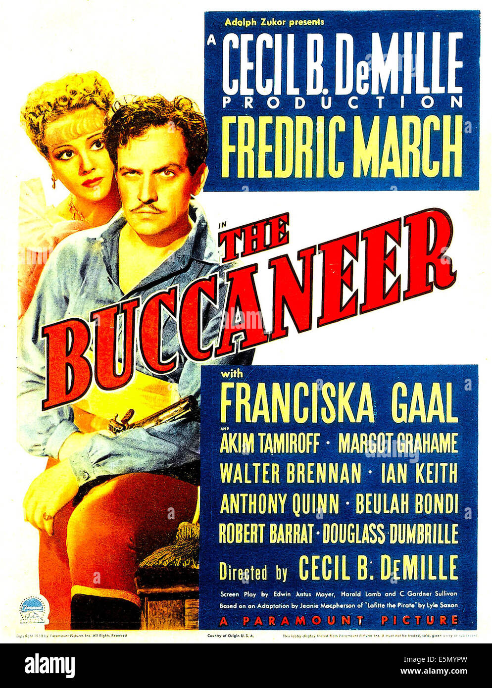 Le Buccaneer, de gauche : Franciska Gaal, Fredric March sur carte fenêtre midget, 1938. Banque D'Images