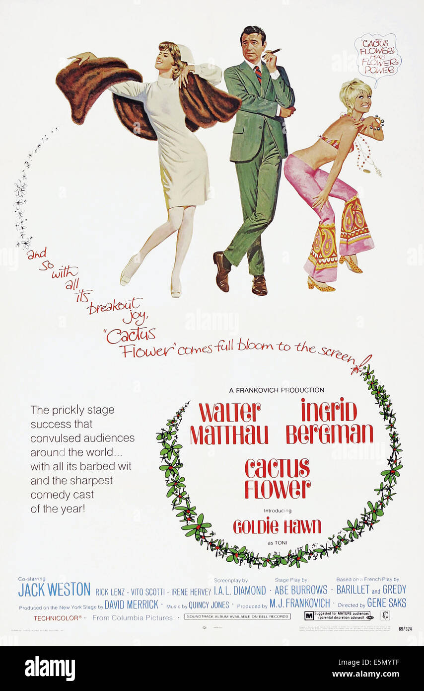 Fleur de cactus, de nous poster art, de gauche : Ingrid Bergman, Walter Matthau, Goldie Hawn, 1969. Banque D'Images