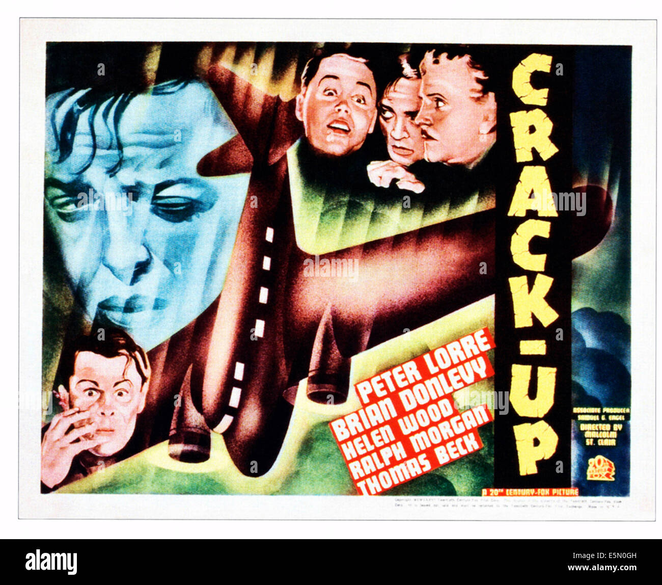 CRACK-UP, en haut à gauche : Peter Lorre, en haut au centre : Peter Lorre, haut à droite : Brian Donlevy sur le titre lobbycard, 1936, TM et Banque D'Images