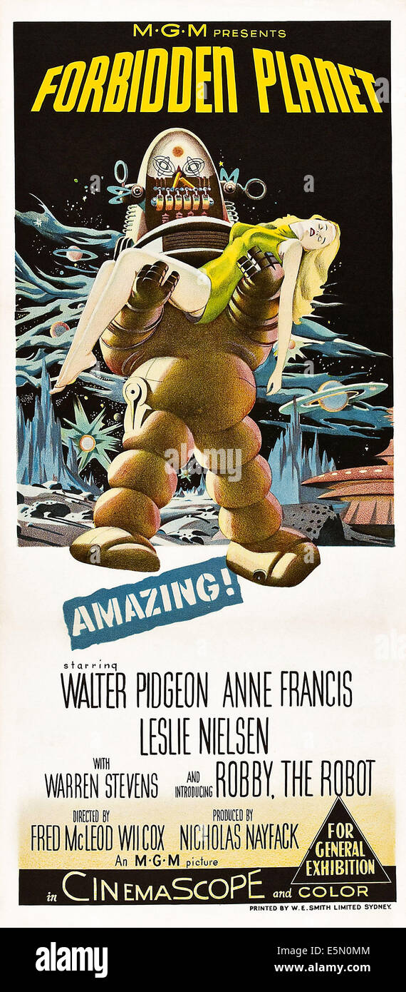 Planète interdite, à partir de la gauche : Robby le Robot, Anne Francis sur l'affiche l'Australienne, 1956. Banque D'Images