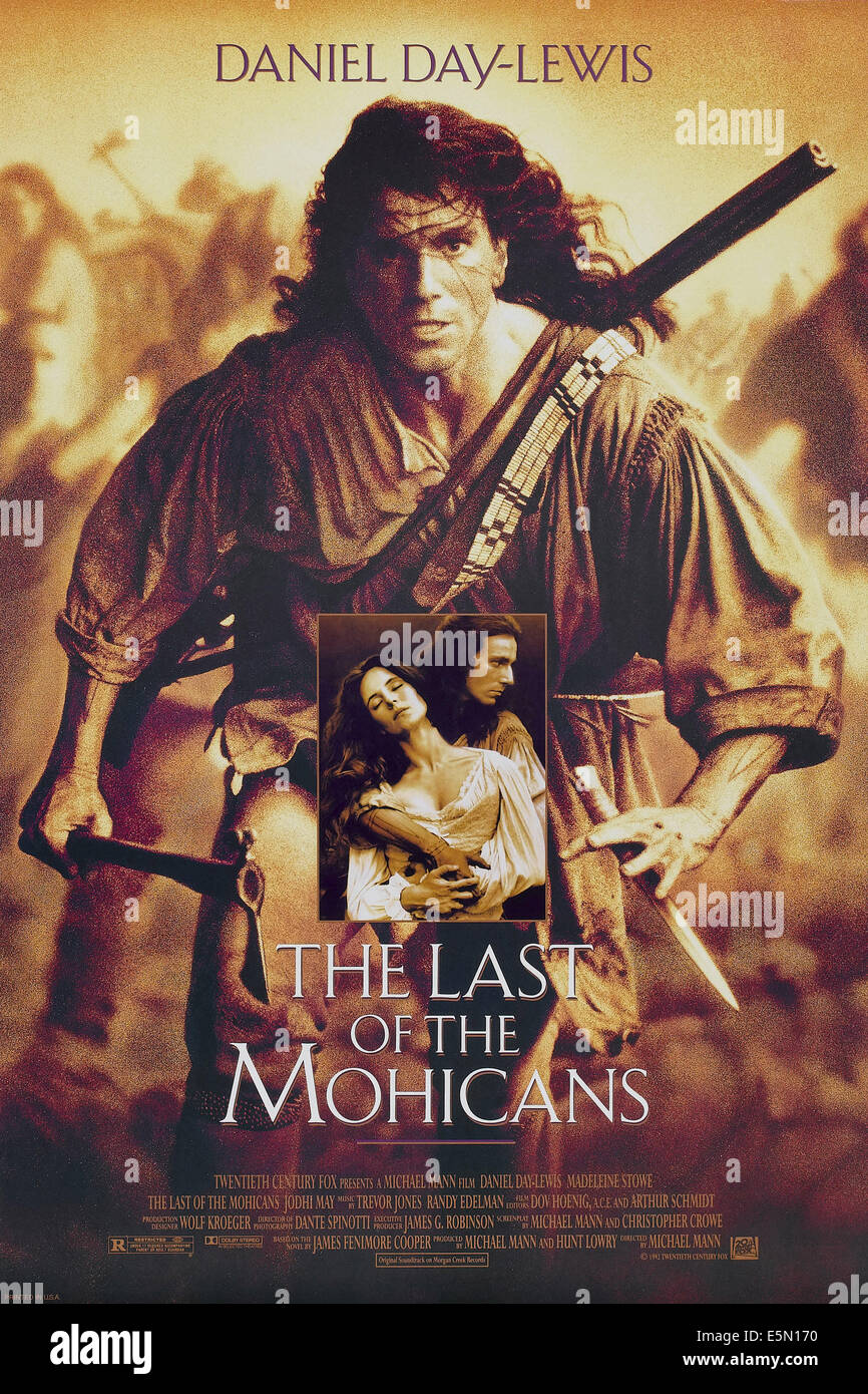 Le dernier des Mohicans, de nous poster art, Daniel Day-Lewis, Madeleine Stowe (encart), 1992, TM et copyright ©20th Century Fox Banque D'Images