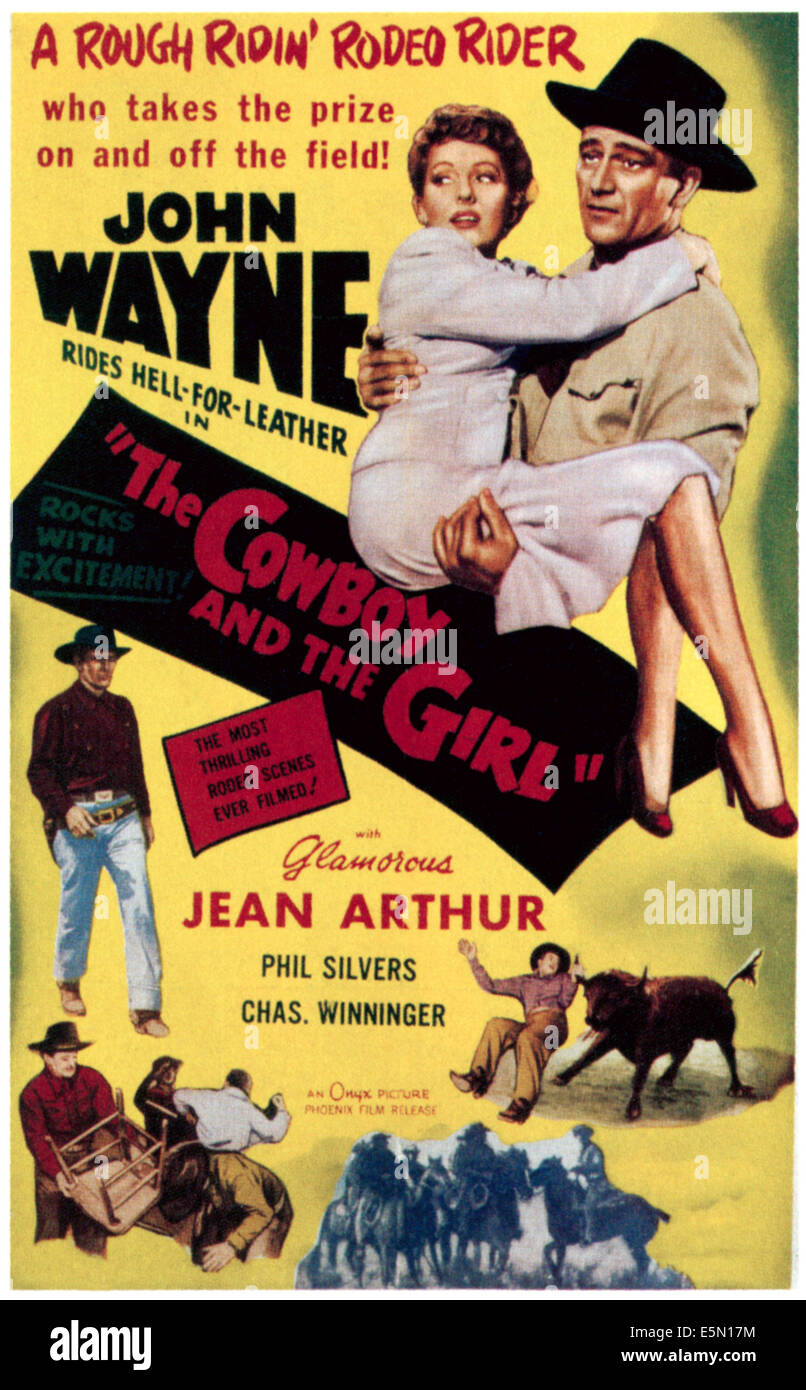 Une dame PREND UNE CHANCE (alias le COWBOY ET LA JEUNE FILLE), John Wayne, Jean Arthur En vedette sur l'affiche de la réédition de 1954, 1943 Banque D'Images