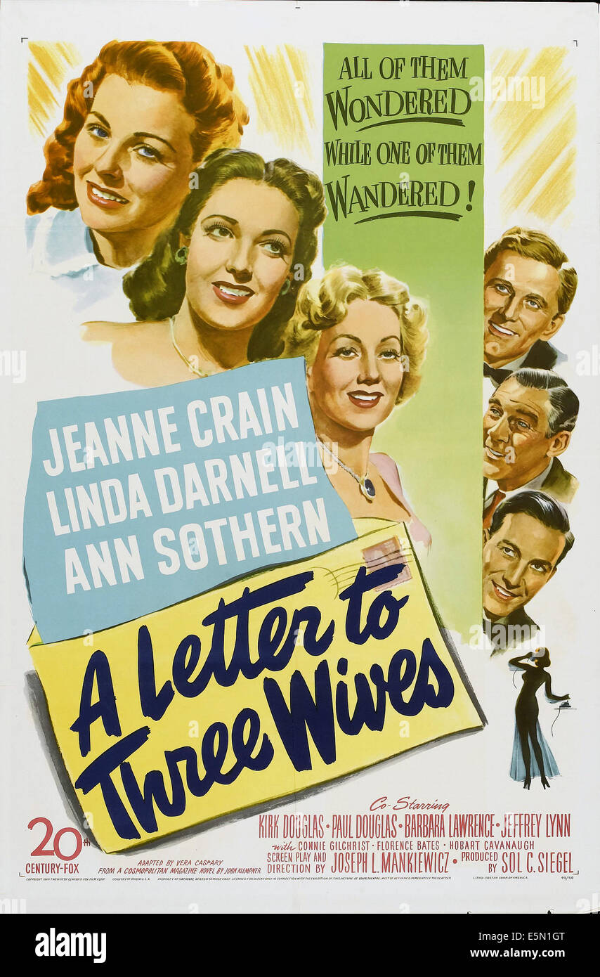 Une lettre à trois femmes, à gauche en partant du haut : Jeanne Crain, Linda Darnell, Ann Sothern, droite à partir du haut : Kirk Douglas, Paul Douglas, Banque D'Images