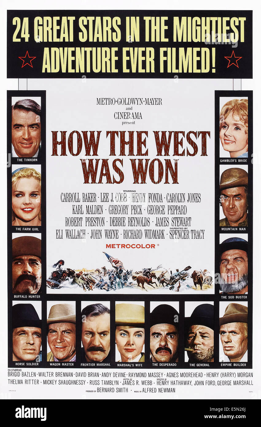 La conquête de l'Ouest, de nous poster art, à partir du haut à gauche : Gregory Peck, Carroll Baker, Henry Fonda, George Peppard, Robert Preston, Banque D'Images