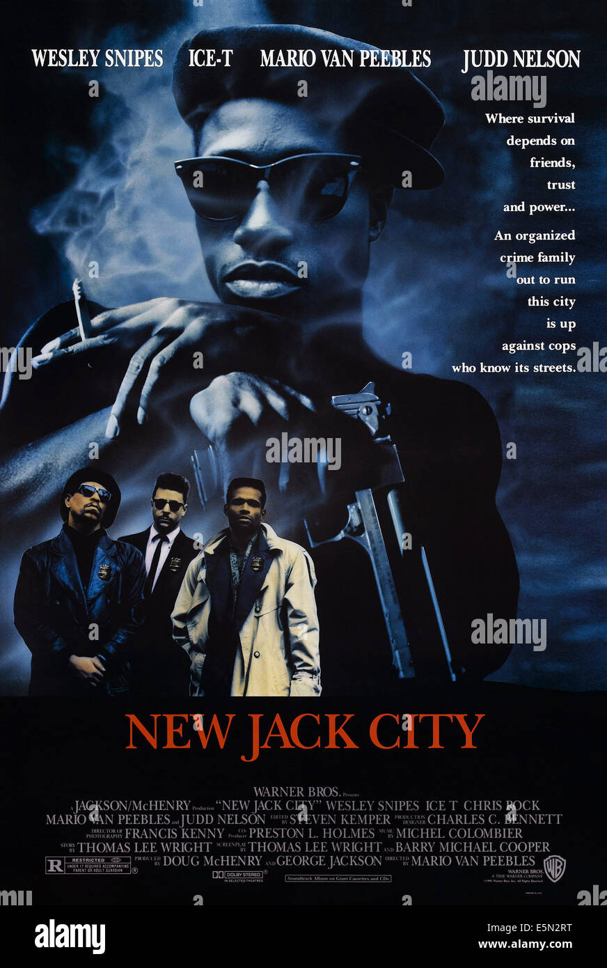 NEW JACK CITY, US poster art, haut : Wesley Snipes, en bas de gauche à droite : Ice-T, Judd Nelson, Mario Van Peebles, 1991, ©Warner Banque D'Images