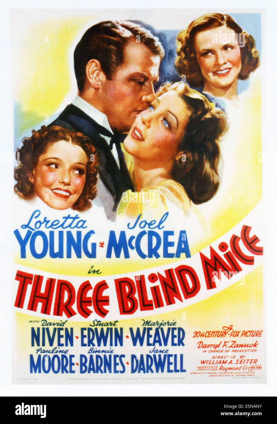 Trois souris aveugles, formulaire à gauche : Marjorie Weaver, Joel McCrea, Loretta Young, Pauline Moore sur l'affiche, 1938, TM et copyright Banque D'Images Trois souris aveugles, formulaire à gauche : Marjorie Weaver, Joel McCrea, Loretta Young, Pauline Moore sur l'affiche, 1938, TM et copyright Banque D'Images