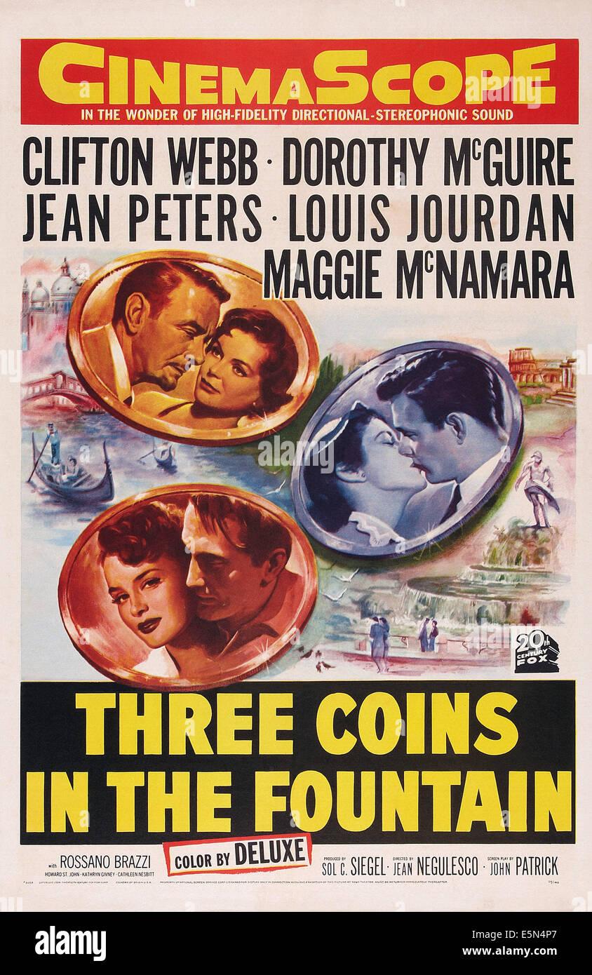 Trois pièces de monnaie DANS LA FONTAINE, en haut à gauche : Clifton Webb, Dorothy McGuire, a droite : Maggie McNamara, Louis Jourdan, bas : Jean Banque D'Images