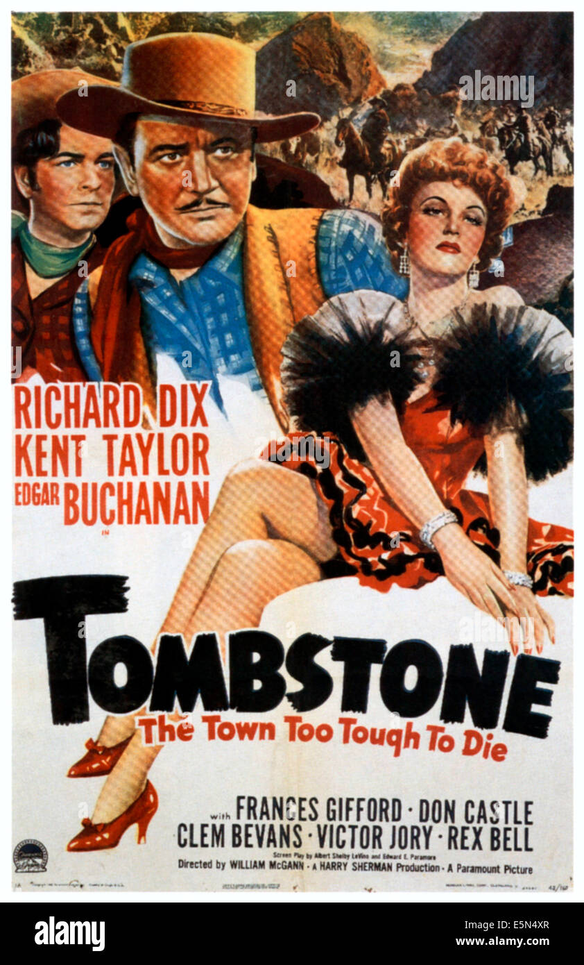 La VILLE DE TOMBSTONE : TROP DUR DE MOURIR, de gauche à droite : Richard Dix, Kent Taylor, Frances Gifford, 1942. Banque D'Images