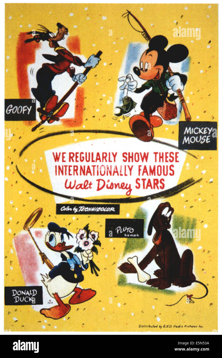 WALT DISNEY STARS, affiche promotionnelle pour les personnages de Disney, dans le sens horaire à partir du haut à gauche : Dingo, Mickey, Pluto, Donald Banque D'Images