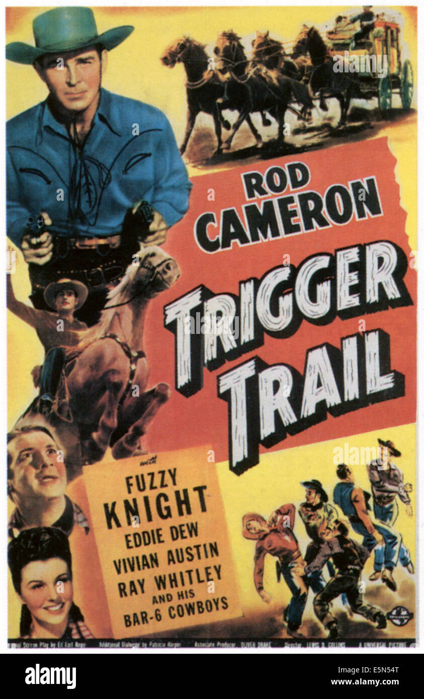 Sentier de déclenchement, à gauche en partant du haut : Rod Cameron, Fuzzy Knight, Vivian Austin, 1944. Banque D'Images