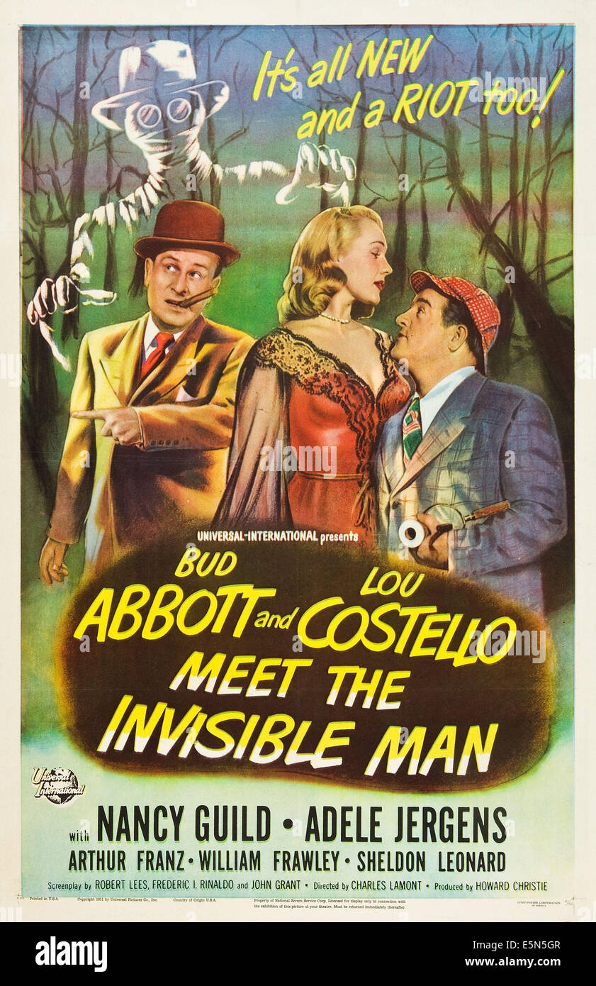 ABBOTT ET COSTELLO Rencontrez l'homme invisible, Bud Abbott, Adele Jergens, Lou Costello, 1951 Banque D'Images