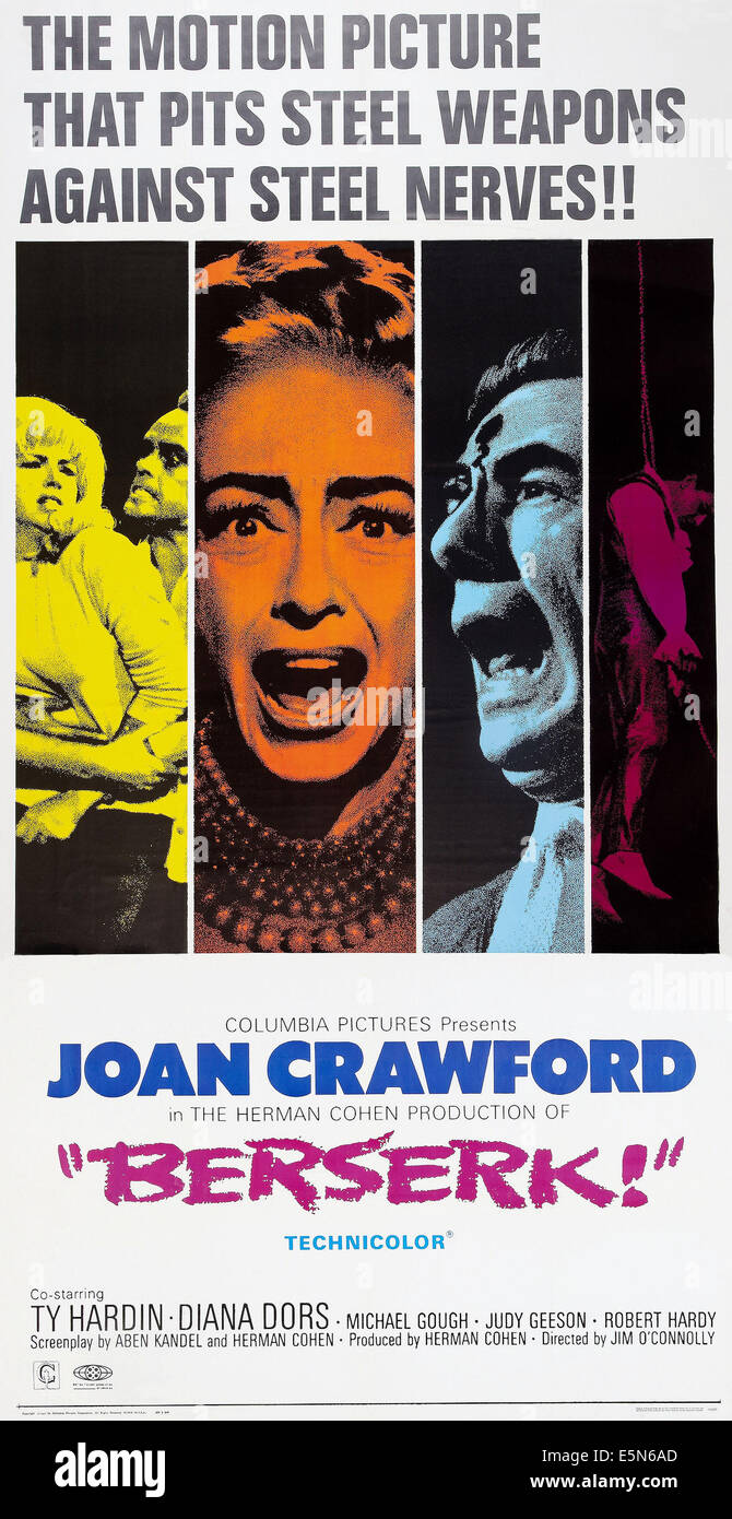 BERSERK, Diana Dors (bleu), Joan Crawford (orange), Michael Gough (vert), 1967 Banque D'Images