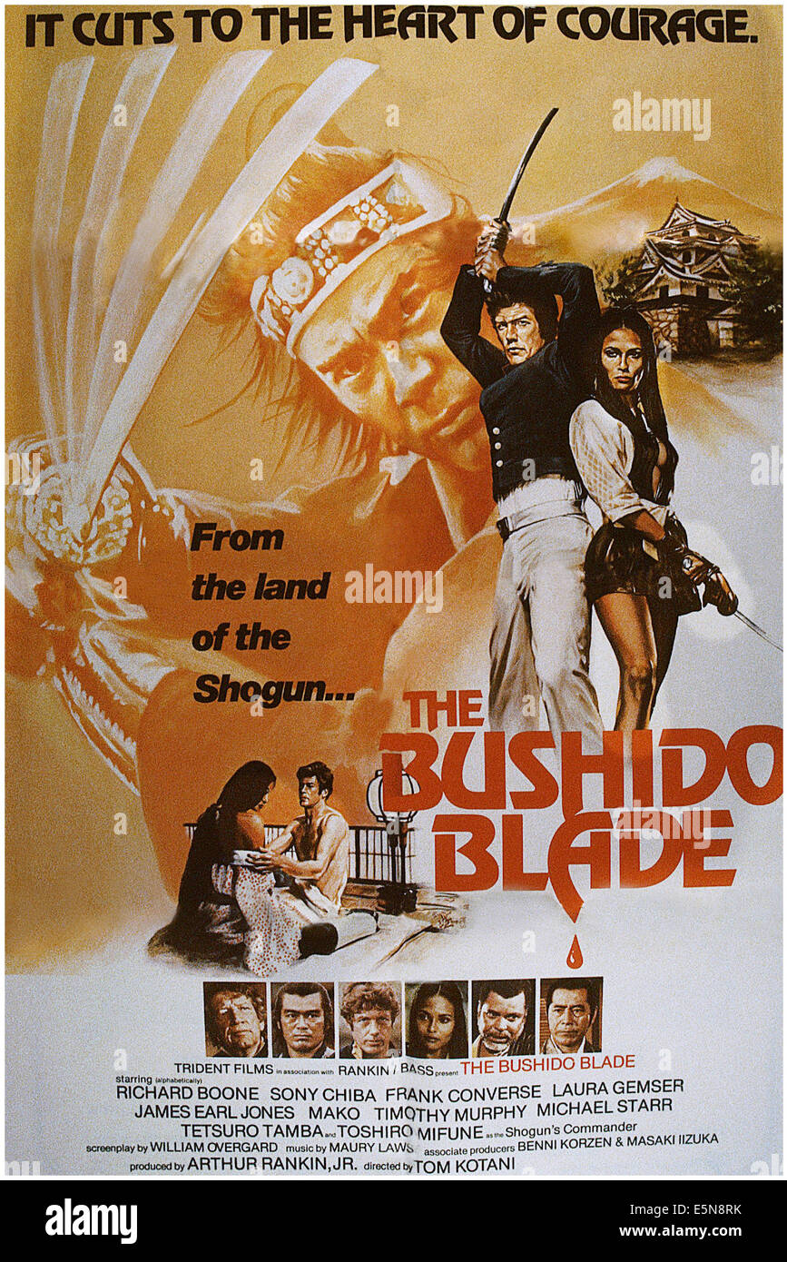 La Bushido Blade, dos à dos de gauche à droite : Frank Converse, Laura Gemser, en bas de gauche à droite : Richard Boone, Sonny Chiba, Frank Banque D'Images