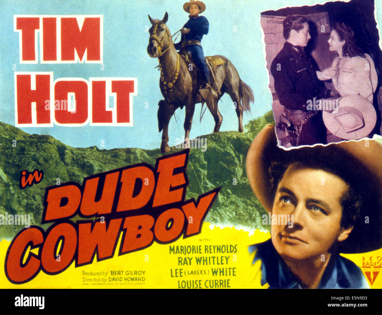 DUDE COWBOY, à gauche : Tim Holt, à droite en partant du haut : Tim Holt, Marjorie Reynolds, Tim Holt sur le titre lobbycard, 1941. Banque D'Images