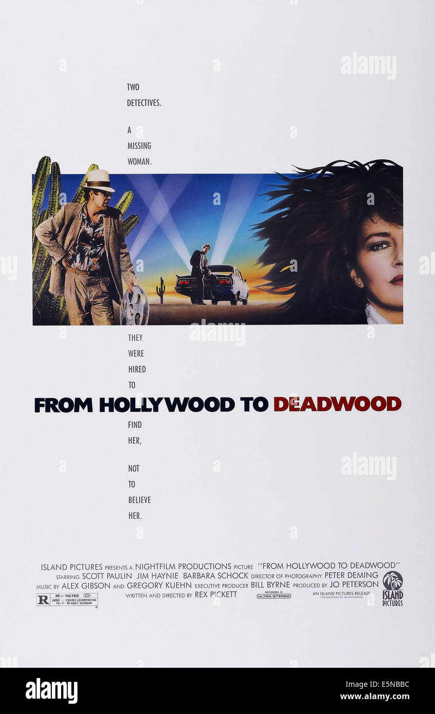 De HOLLYWOOD à Deadwood, US poster art, de gauche à droite : Jim Haynie, Scott Paulin, Barbara Schock, 1988. ©Island Photos/avec la permission Banque D'Images