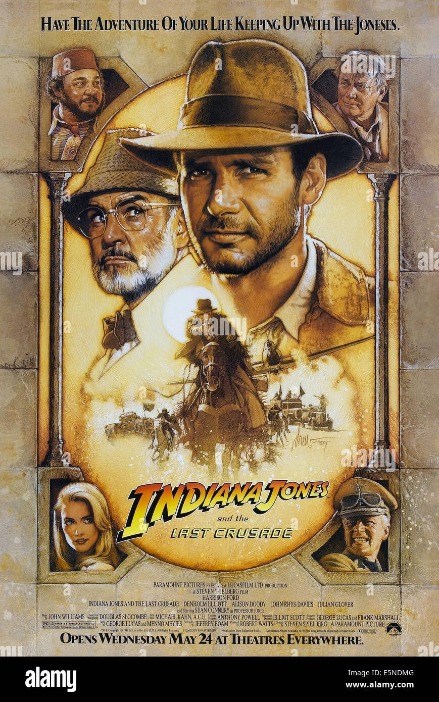 INDIANA JONES ET LA DERNIÈRE croisade, l'avance de nous poster, à partir du haut à gauche : John Rhys-Davies, Sean Connery, Harrison Ford, Denholm Banque D'Images