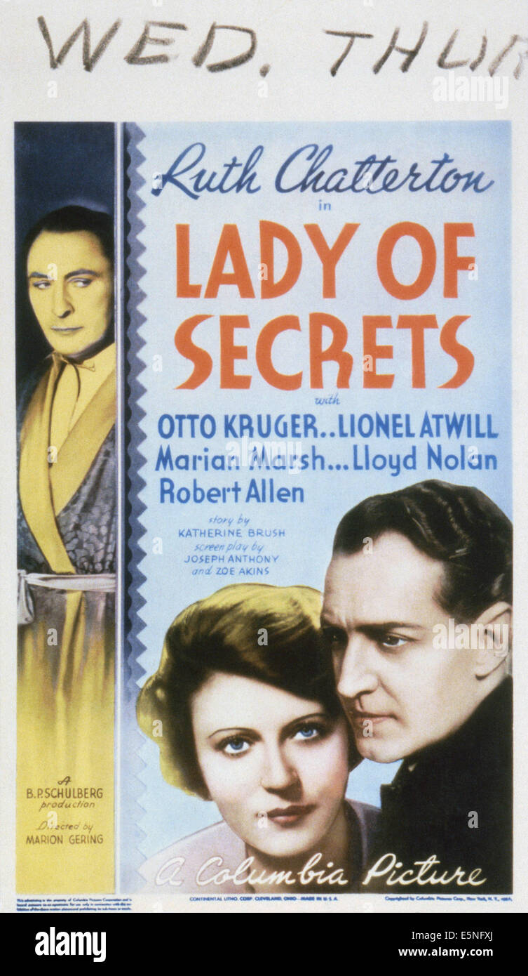 Dame DE SECRETS COMMERCIAUX, de l'affiche aux États-Unis, à partir de la gauche : Lionel Atwill, Ruth Chatterton, Otto Kruger, 1936 Banque D'Images