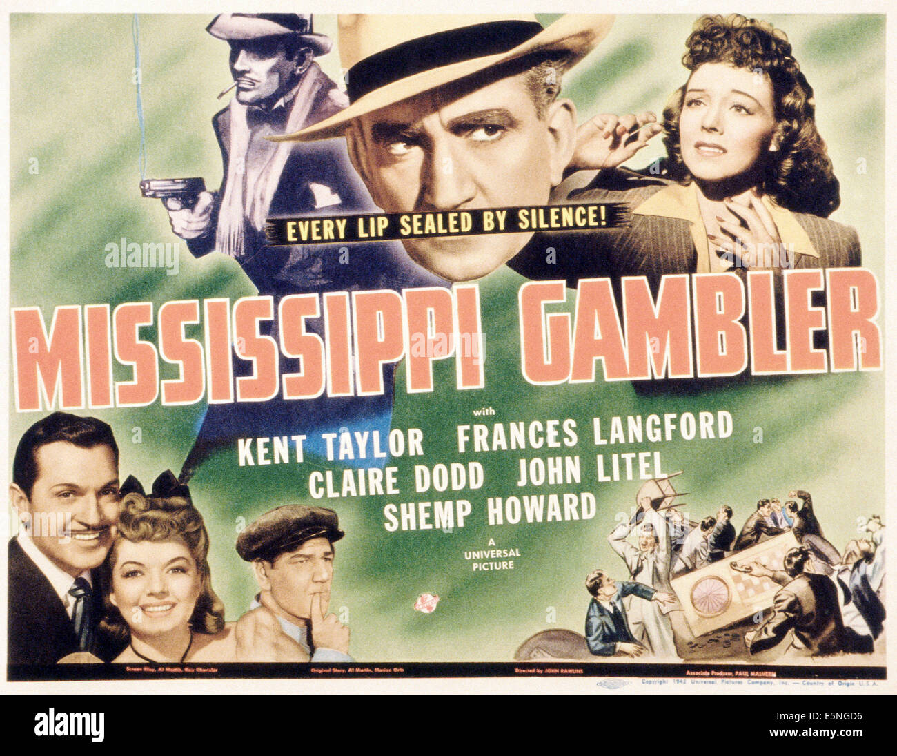 Joueur du Mississippi, en haut de gauche à droite : John Litel, Claire Dodd, en bas de gauche à droite : Kent Taylor, Frances Langford, Shemp Howard, 1942 Banque D'Images