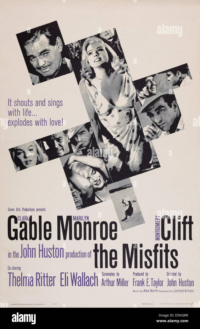 Les MISFITS, US poster art, Clark Gable, Marilyn Monroe, Montgomery Clift, Eli Wallach, 1961. Banque D'Images