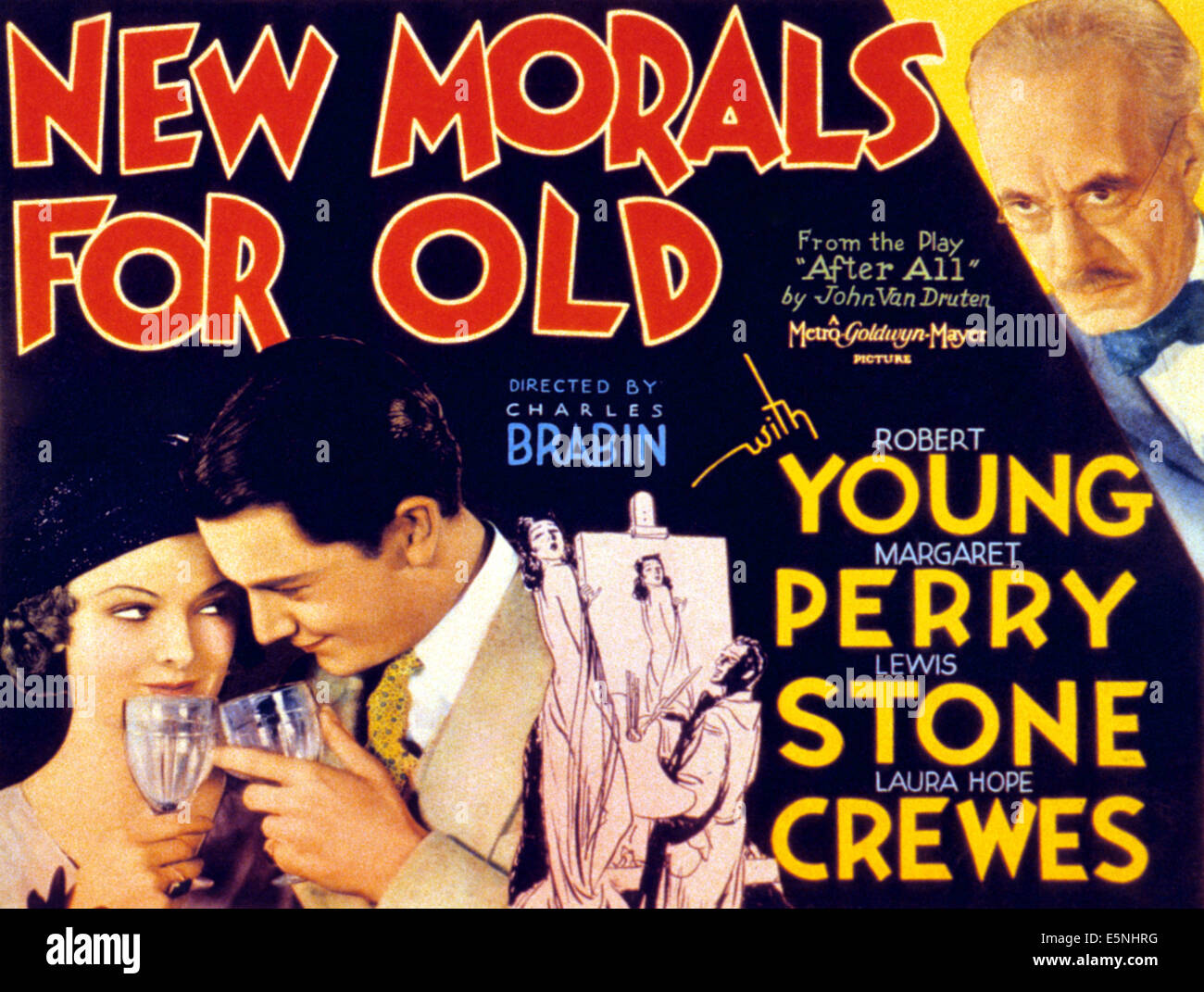 Nouvelles MŒURS POUR VIEUX, bas l-r : Myrna Loy, Robert Young, en haut à droite : Lewis Stone sur le titre lobbycard, 1932. Banque D'Images