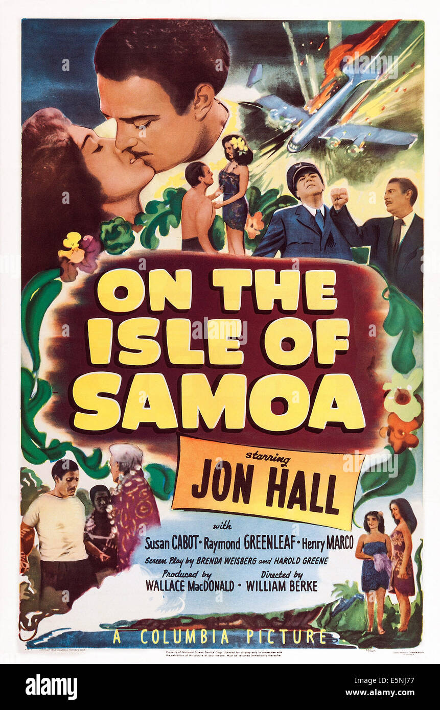 Sur l'ÎLE DE SAMOA, lobbycard-nous, en haut à gauche : Susan Cabot, Jon Hall, 1950 Banque D'Images