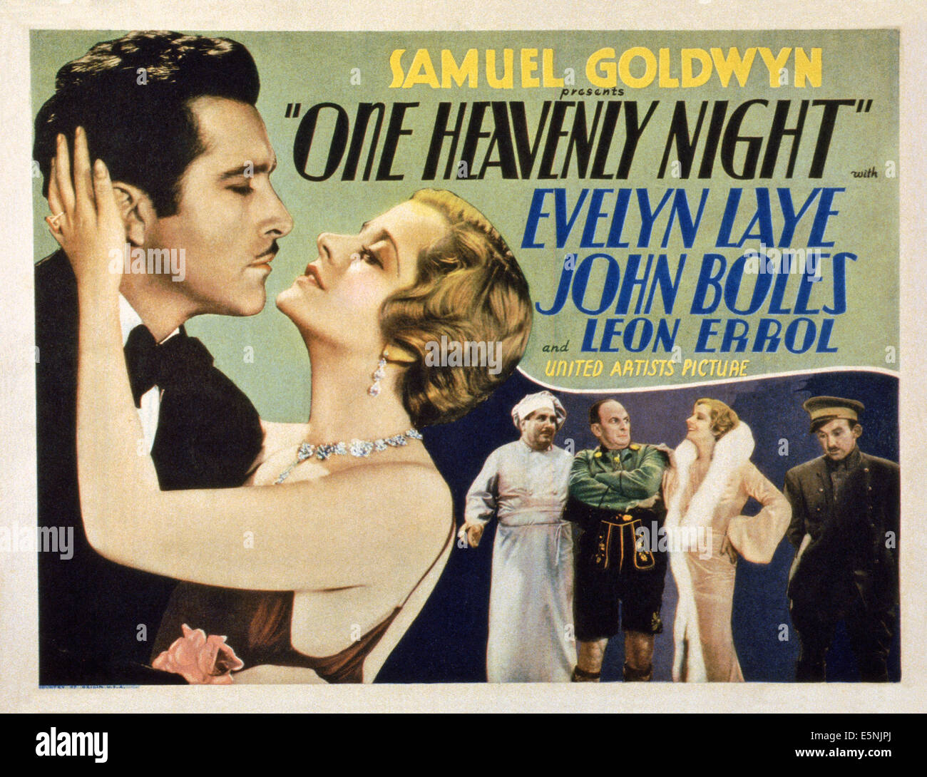 Une nuit, lobbycard céleste nous, John Boles (à gauche), Evelyn Laye (deuxième à gauche)), Leon Errol (troisième à droite), 1931 Banque D'Images