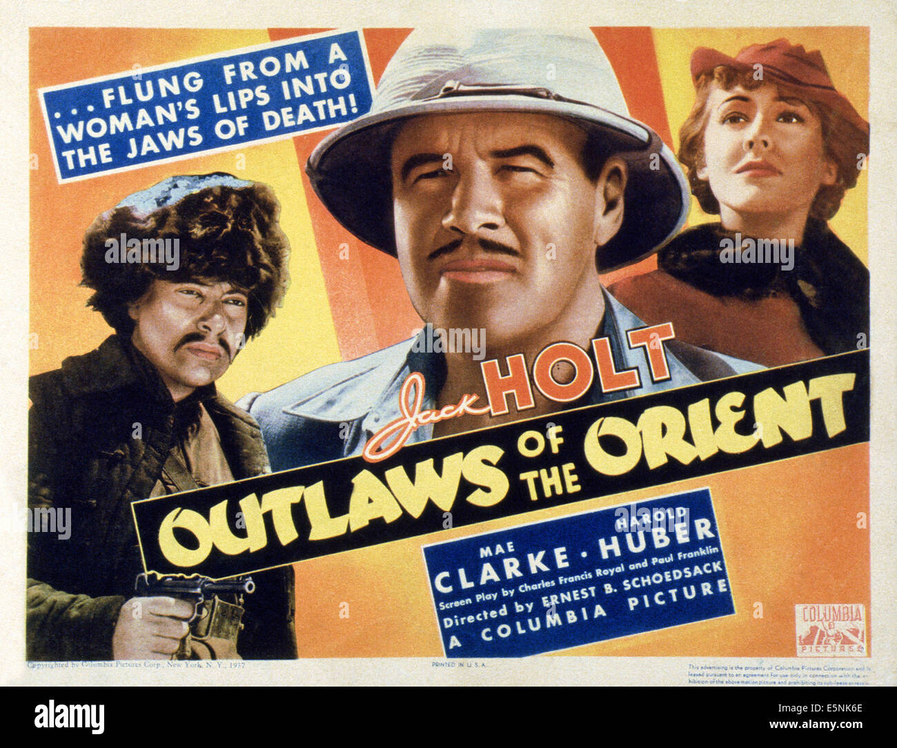 Des hors-d'ORIENT, US lobbycard, de gauche : Harold Huber, Jack Holt, Mae Clarke, 1937 Banque D'Images