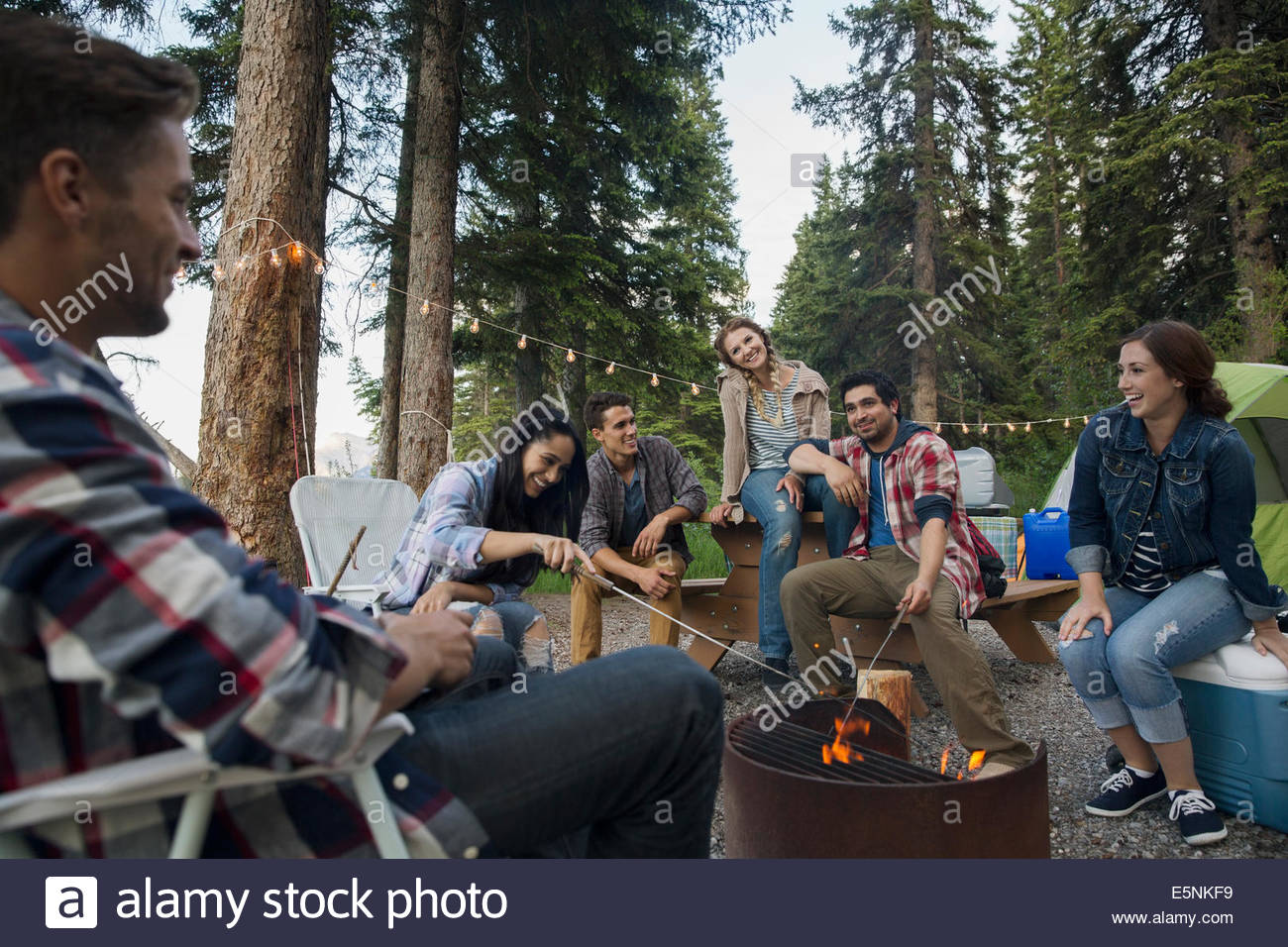 Amis autour de feu de camp au camping Banque D'Images