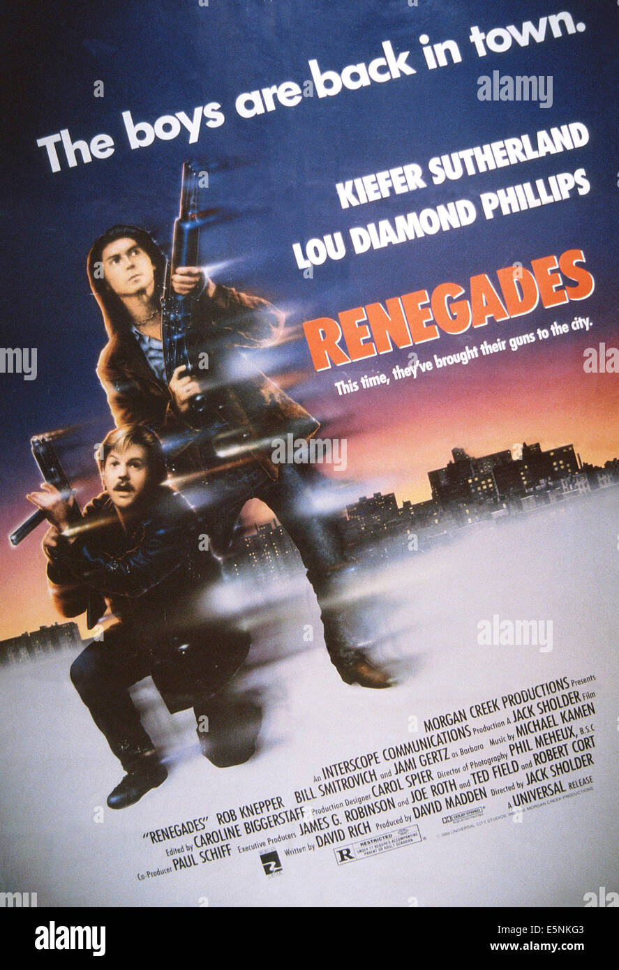 Les renégats de l'affiche Nous, de gauche : Kiefer Sutherland, Lou Diamond Phillips, 1989, © Universal/courtesy Everett Collection Banque D'Images