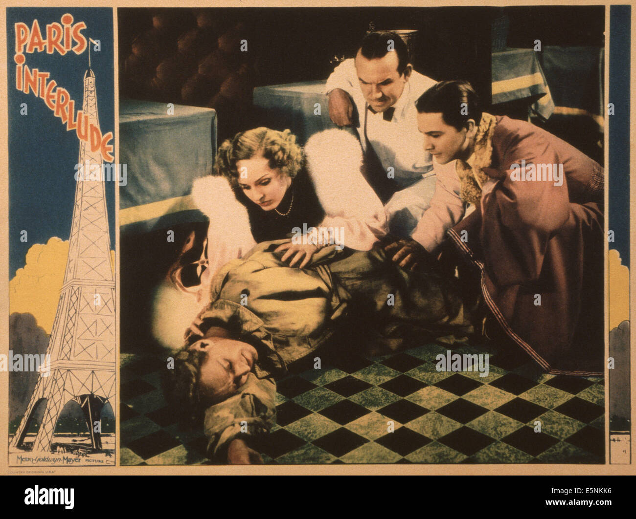 PARIS, lobbycard INTERLUDE Nous, de gauche : Otto Kruger (sur le plancher), Madge Evans, Ted Healy, Robert Young, 1934 Banque D'Images