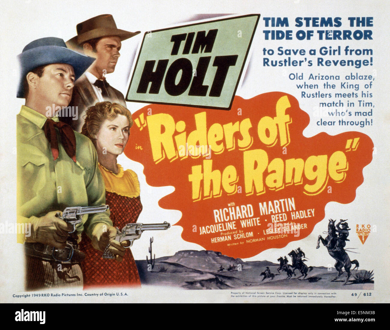 Les cavaliers de l'éventail, lobbycard US, de haut : Richard Martin, Tim Holt, Jacqueline White, 1950 Banque D'Images