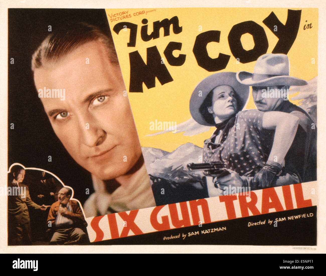 SIX GUN, lobbycard sentier nous, de gauche à droite : Tim McCoy, Nora Lane, Ted Adams, 1938 Banque D'Images