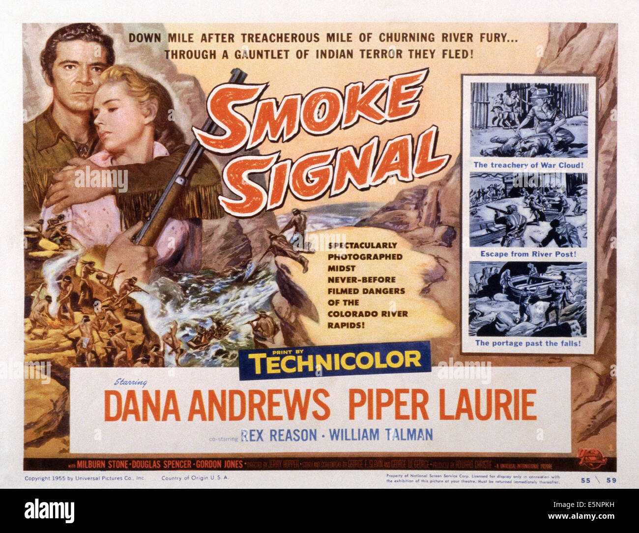 SIGNAL DE FUMÉE, US lobbycard, en haut à gauche : Dana Andrews, Piper Laurie, 1955 Banque D'Images