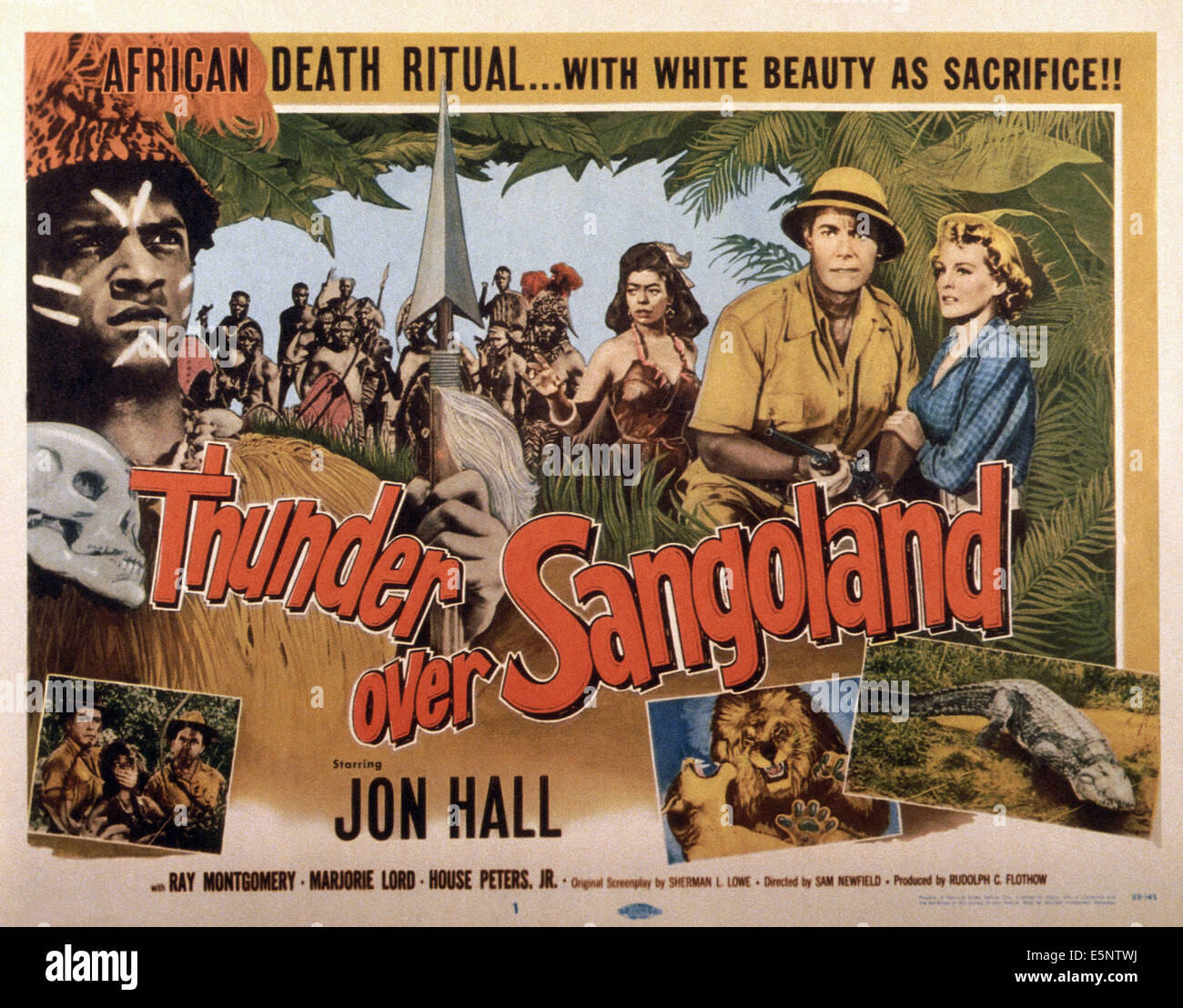 Nous SANGOLAND SUR THUNDER, poster, Jon Hall (pith helmet), Marjorie Lord (la main sur le bras), 1955 Banque D'Images