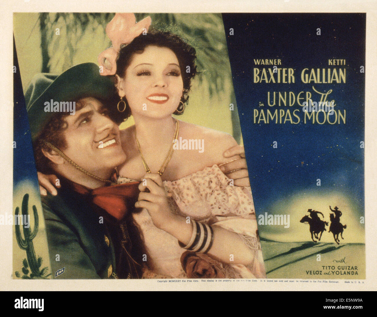 Sous la lune, lobbycard PAMPAS Nous, de gauche : Warner Baxter, Armida, 1935. TM & Copyright ©20th Century Fox Film Banque D'Images