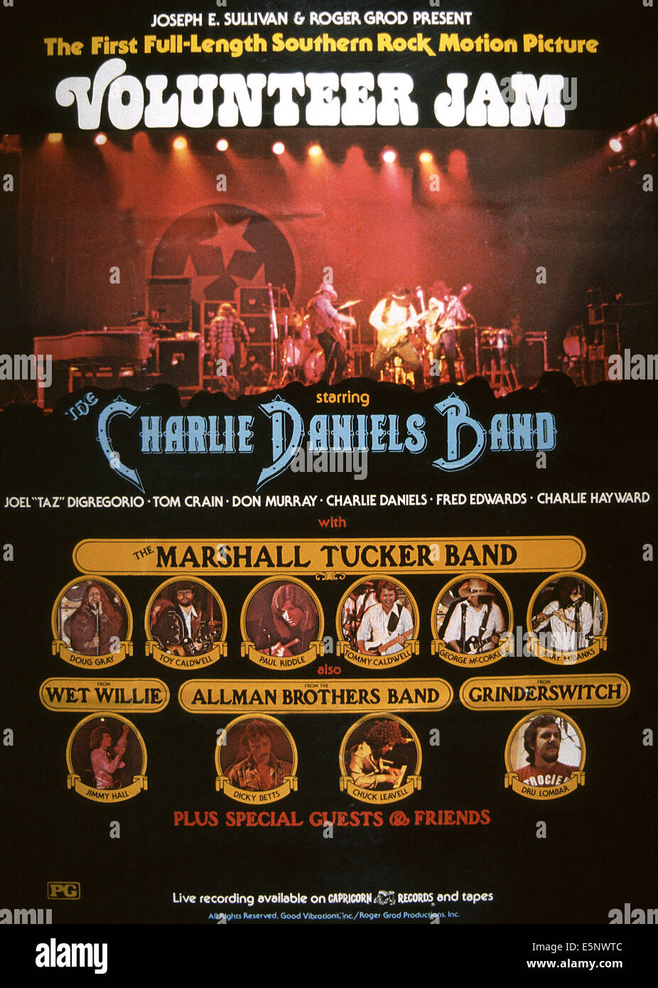Nous Volunteer Jam, poster, en haut de gauche à droite : Doug Gray, Toy Caldwell, Paul Riddle, Tommy Caldwell, George McCorkle, bas de Banque D'Images