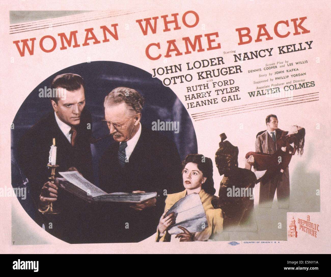Femme QUI EST REVENU NOUS, lobbycard, de gauche à droite : John Loder, Otto Kruger, Nancy Kelly, 1945 Banque D'Images