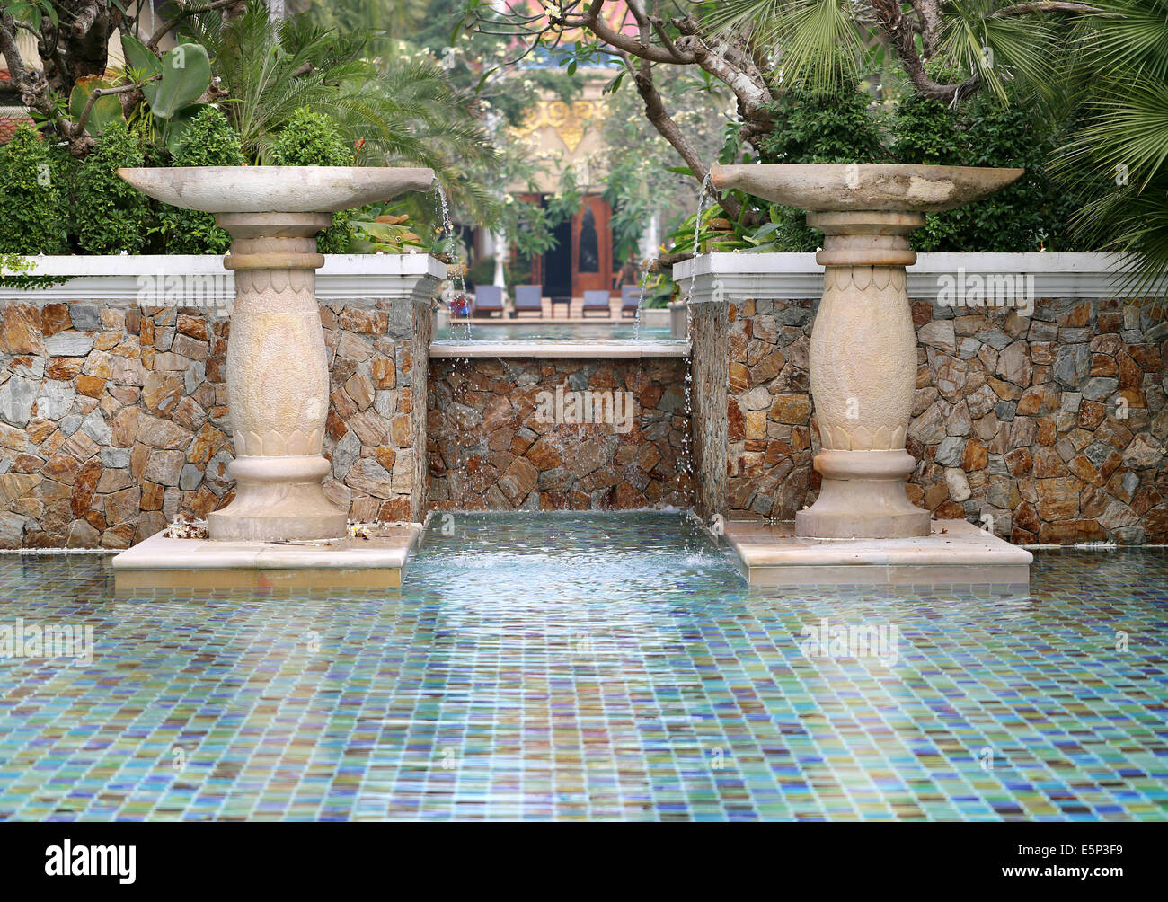 Belle piscine dans le jardin luxuriant Banque D'Images