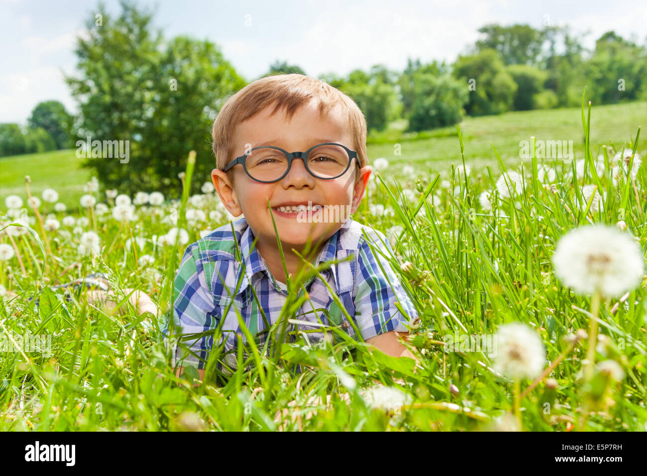 Smiling little boy établit sur une herbe Banque D'Images