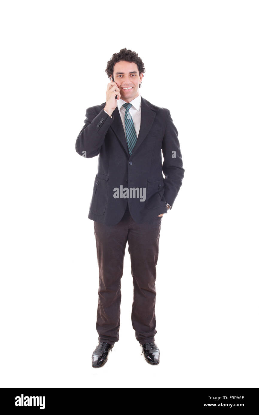 Smiling businessman talking with cell phone mobile isolated on white Banque D'Images