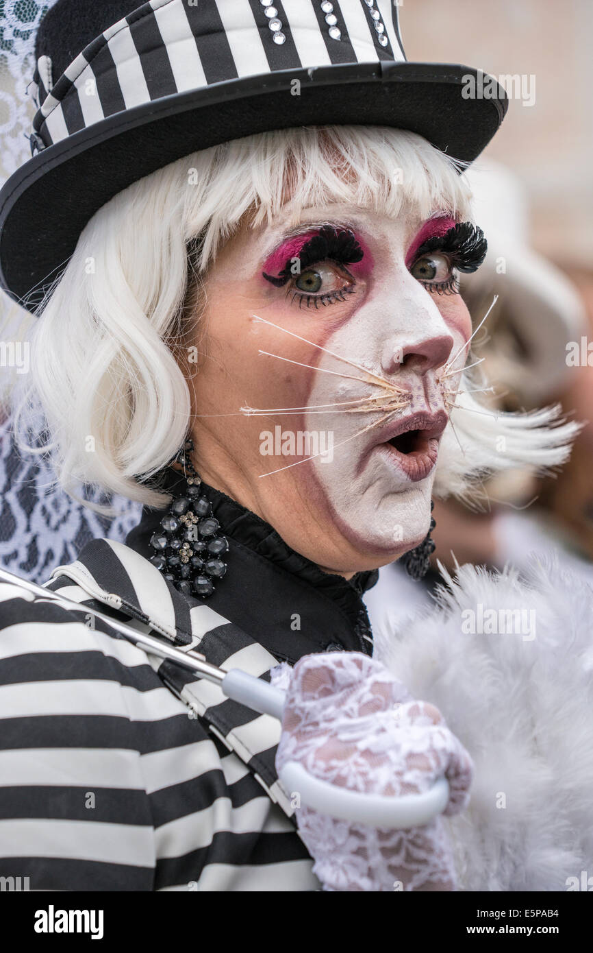 Femme en noir et blanc à rayures costume et maquillage visage de chat à San Zaccaria pendant le carnaval de Venise. Banque D'Images
