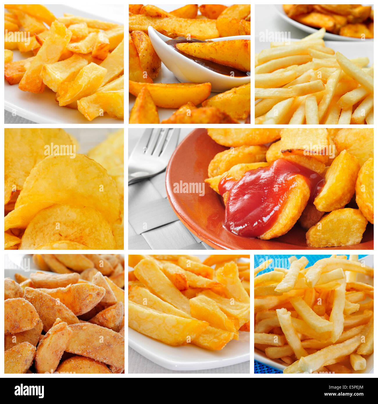 Un montage de quelques photos de différents types de pommes de terre, comme les frites, les croustilles, les frites maison ou patatas brava Banque D'Images