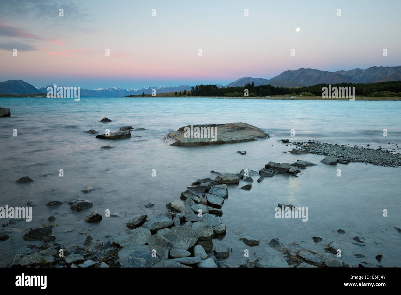Bord de lac au crépuscule, le Lac Tekapo, région de Canterbury, île du Sud, Nouvelle-Zélande, Pacifique Banque D'Images